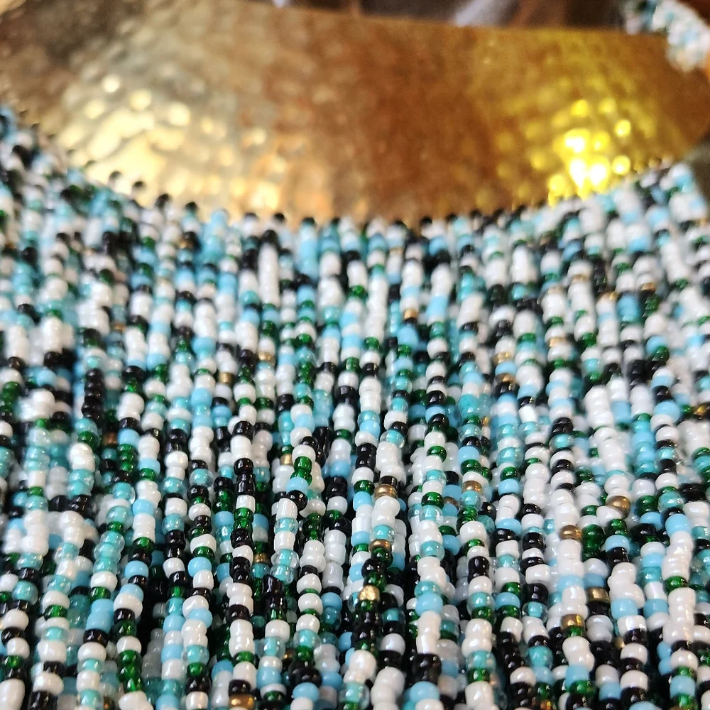 Hand Hammered Brass, Green, Gold, White and Blue Beaded Statement Necklace - Picture 3 of 16